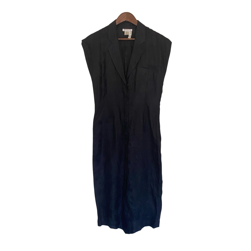 Genny Black 100% Linen Chevron Jacquard Sleeveless Midi Dress M Made in Italy